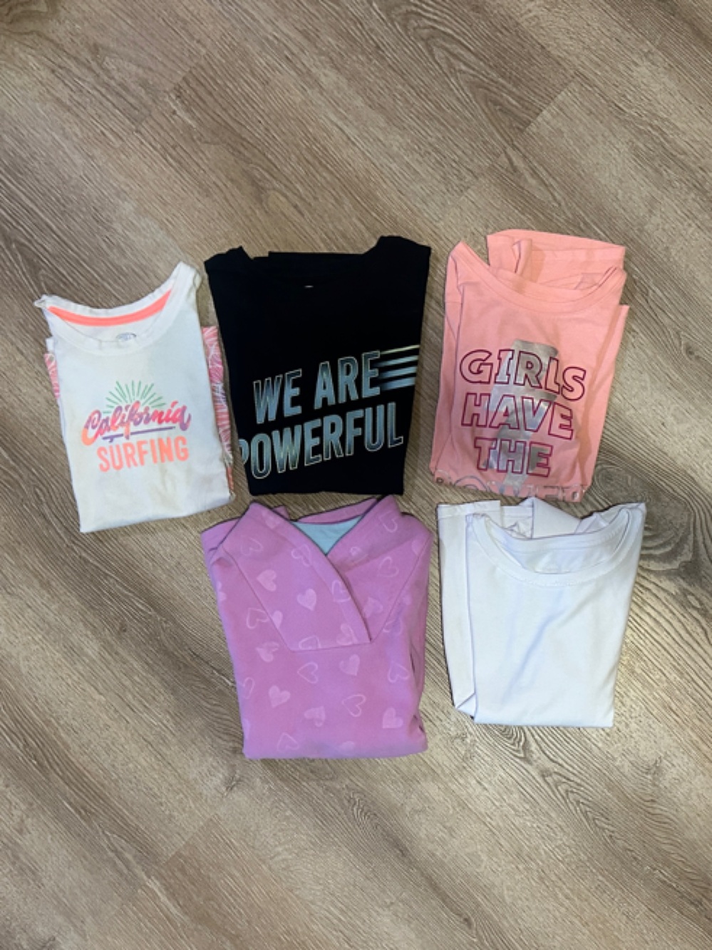 Athletic Works Black Pink White Girls Short Sleeve Graphic Tees - 5 Pack BUNDLE